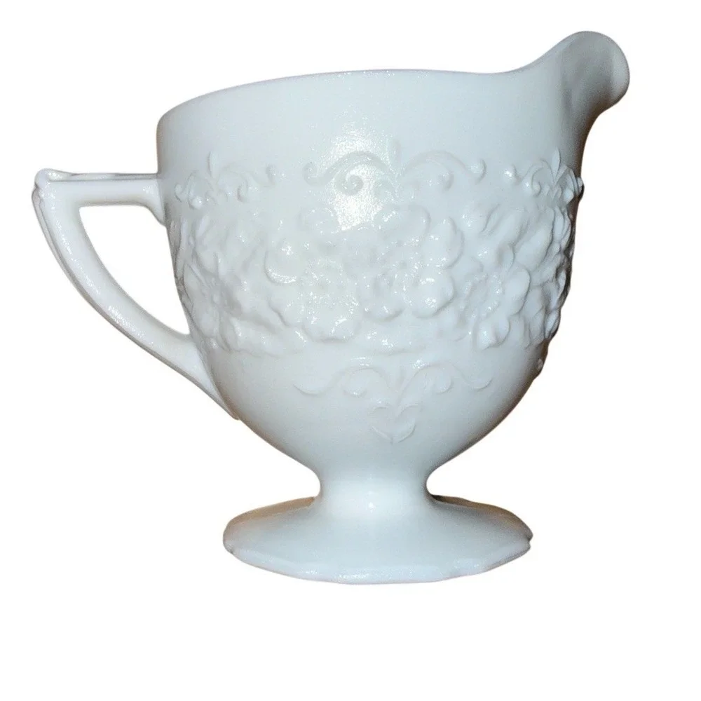 Indiana Glass Orange Blossom Creamer Pitcher White Footed‎ Embossed Floral